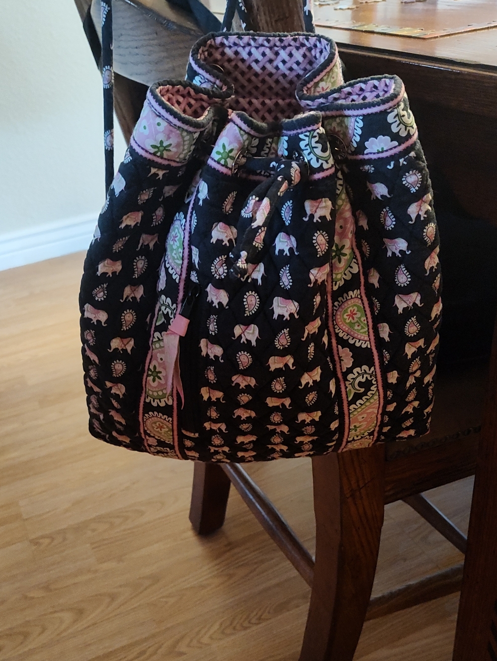 Vera Bradley Black Pink Elephant Print Quilted Drawstring Bag